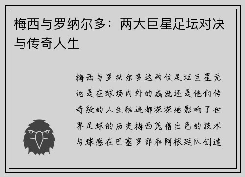 梅西与罗纳尔多：两大巨星足坛对决与传奇人生